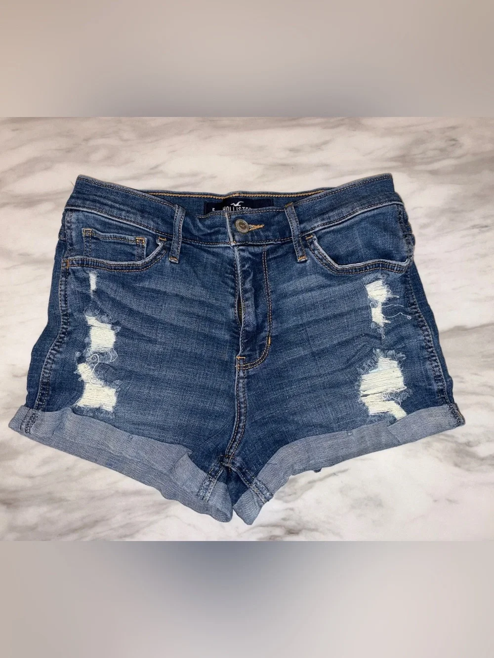 Hollister High Rise Short Short Size 5 W27 Distressed Cuffed Denim Shorts Blue